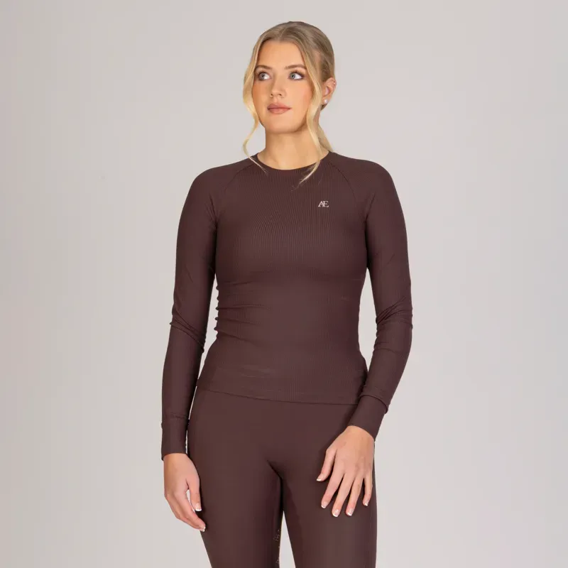 Aubrion Equestrian Ribbed Long Sleeve Top in Espresso