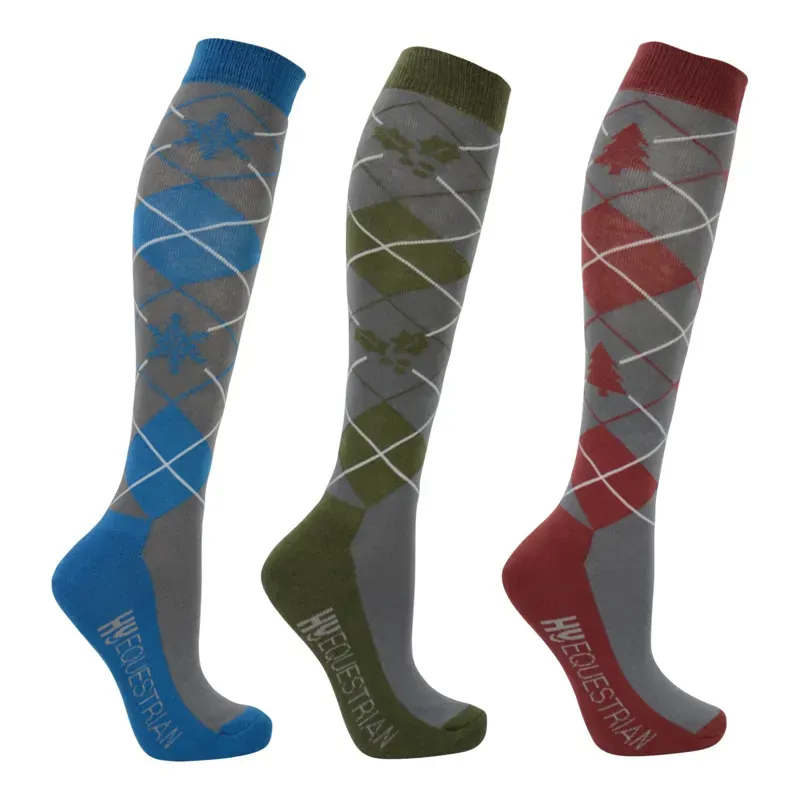 Hy Equestrian Christmas Argyle Socks - Adult 4-8 3 Pairs SLATE/Red/BLUE/THYME