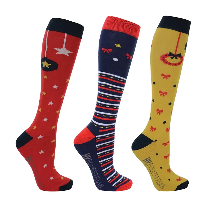 Hy Equestrian Christmas Decorations Socks Pack Of 3 - Adult 4- 8 Navy/Red/Gold
