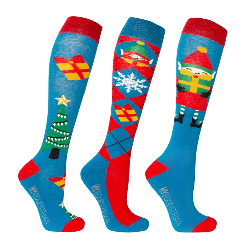 Hy Equestrian Jolly Elves Socks Pack Of 3 - Adult 4- 8 Winter Blue/Festive Red 