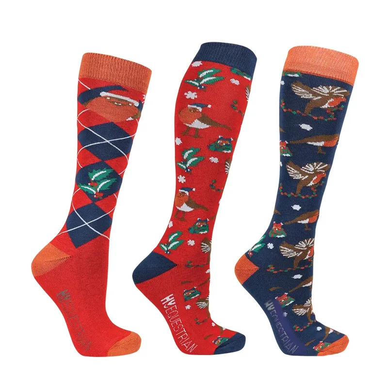 Hy Equestrian Ruby The Robin Christmas Socks Pack Of 3- Adult 4- 8 Navy/Red/Green