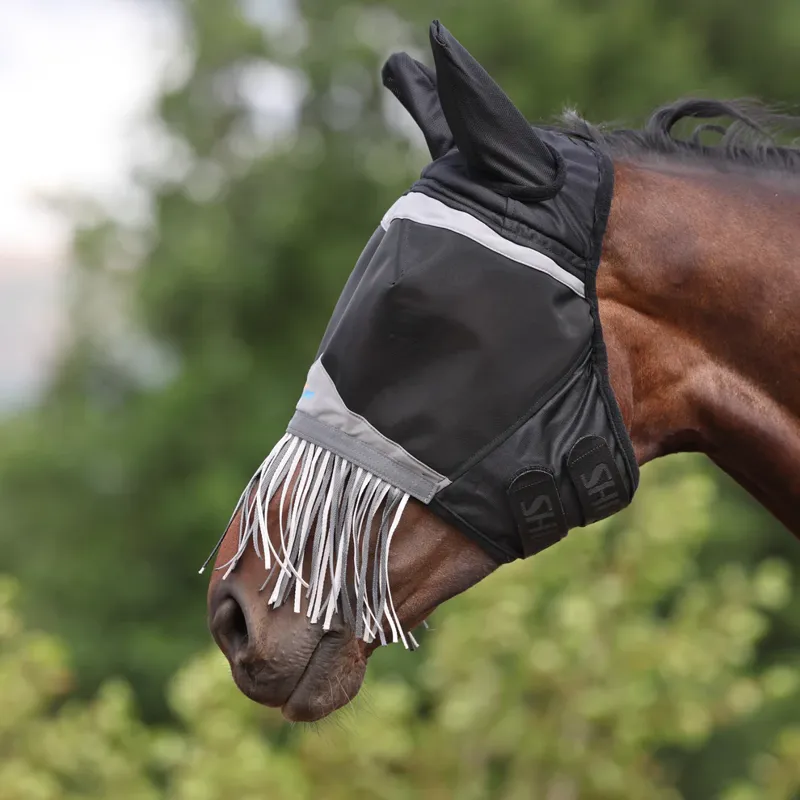 FlyGuard Pro Fine Mesh Fly Mask With Ears and Nose Fringe - NAVY-1