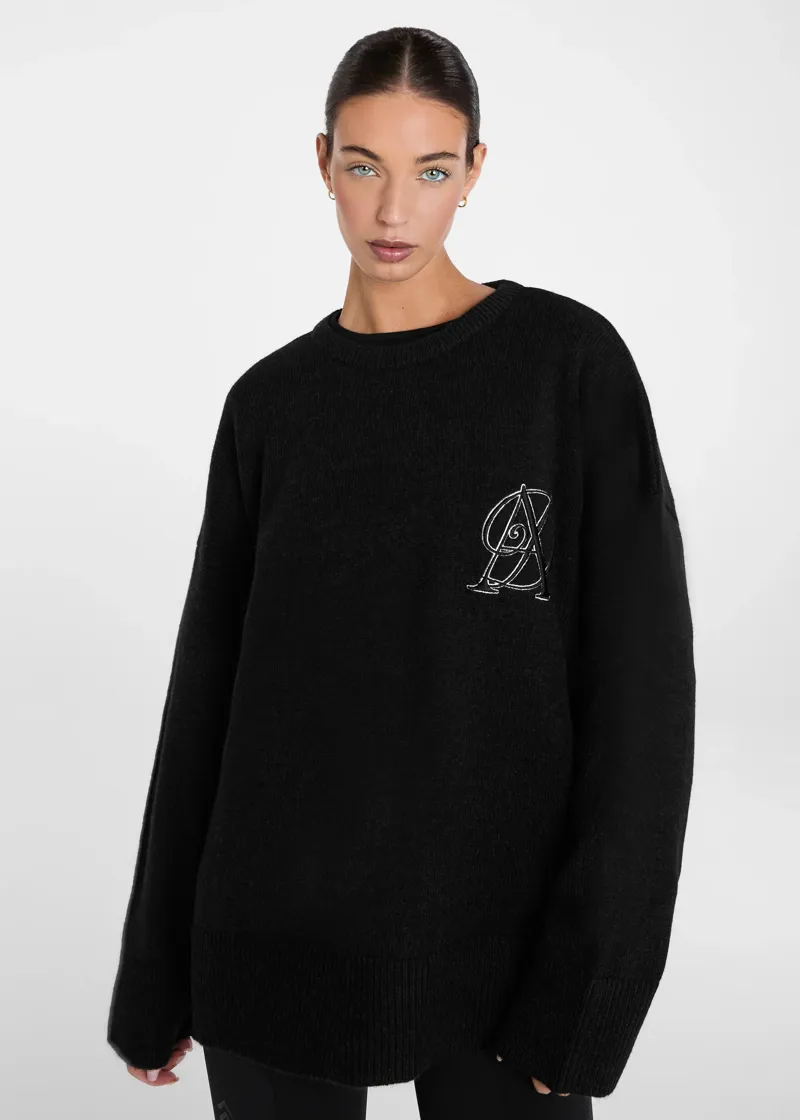 Aztec Diamond Knitted Crew Sweater - Black-4