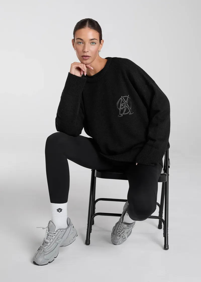 Aztec Diamond Knitted Crew Sweater - Black-3