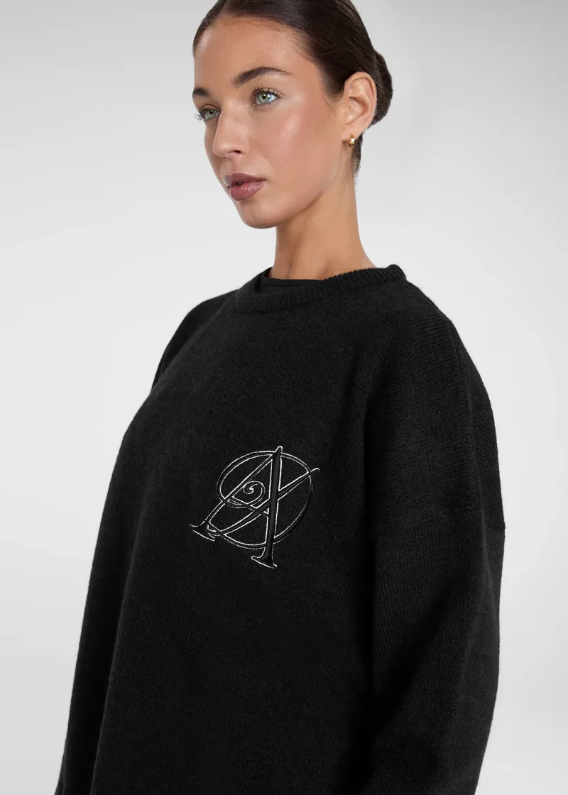 Aztec Diamond Knitted Crew Sweater - Black-2
