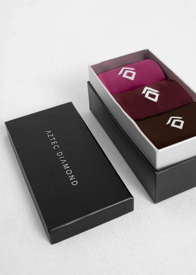 Aztec Diamond Autumn Socks Gift Box - Cherry/Mocha/Raspberry