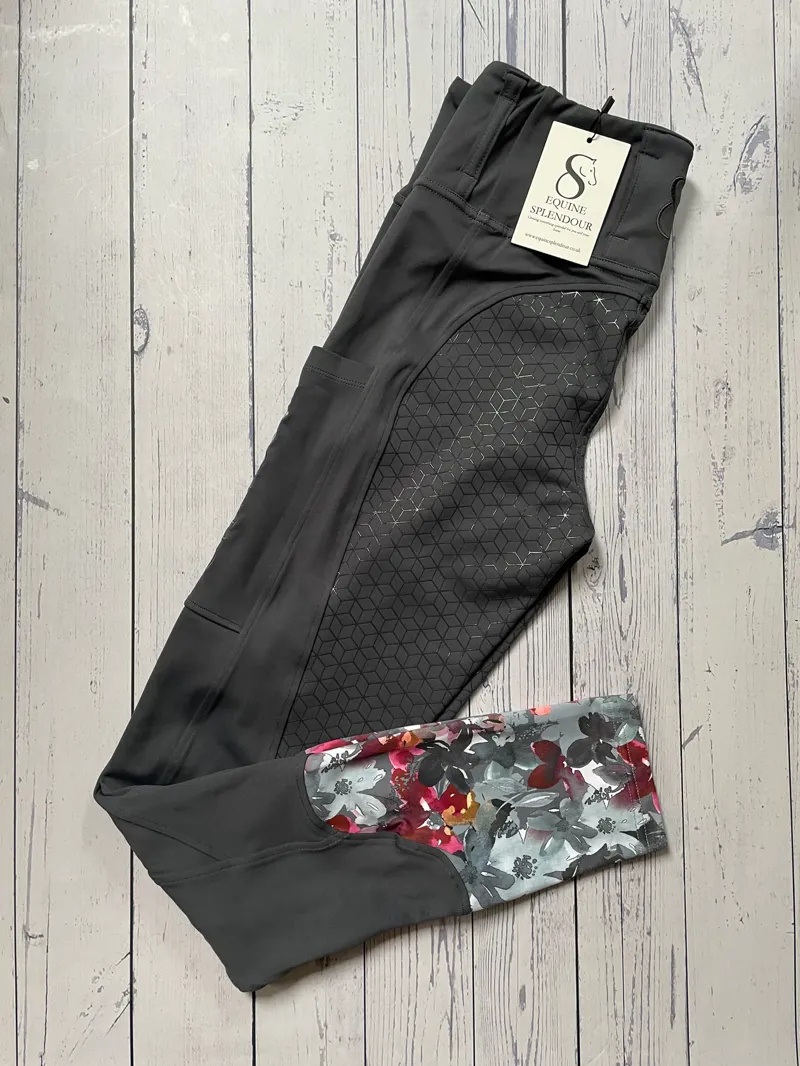 Equine Splendour Full Silicone Riding Leggings/Tights - Slate Grey Floral